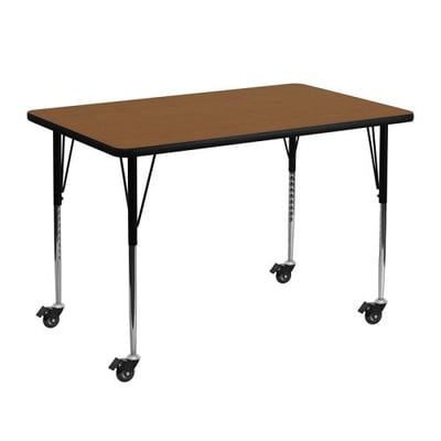Mobile 30''W x 48''L Rectangular Oak HP Laminate Activity Table - Standard Height Adjustable Legs
