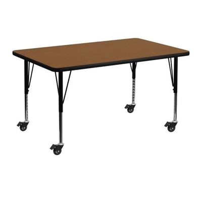 Mobile 30''W x 48''L Rectangular Oak HP Laminate Activity Table - Height Adjustable Short Legs