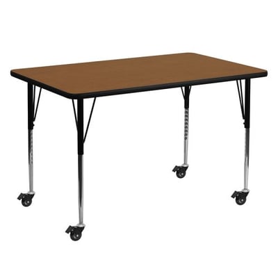 Mobile 30''W x 60''L Rectangular Oak HP Laminate Activity Table - Standard Height Adjustable Legs