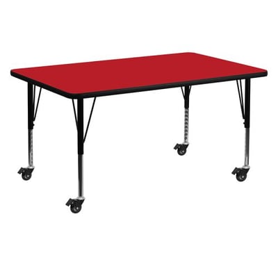 Mobile 30''W x 60''L Rectangular Red HP Laminate Activity Table - Height Adjustable Short Legs