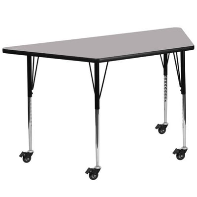 Mobile 29.5''W x 57.25''L Trapezoid Grey Thermal Laminate Activity Table - Standard Height Adjustable Legs