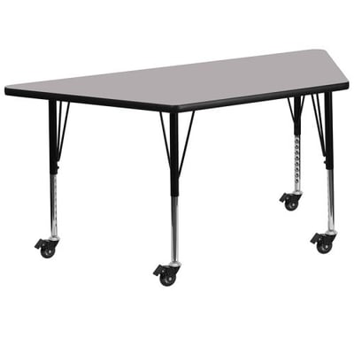 Mobile 29.5''W x 57.25''L Trapezoid Grey Thermal Laminate Activity Table - Height Adjustable Short Legs