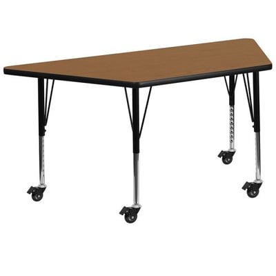 Mobile 29.5''W x 57.25''L Trapezoid Oak Thermal Laminate Activity Table - Height Adjustable Short Legs