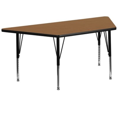 29.5''W x 57.25''L Trapezoid Oak Thermal Laminate Activity Table - Height Adjustable Short Legs
