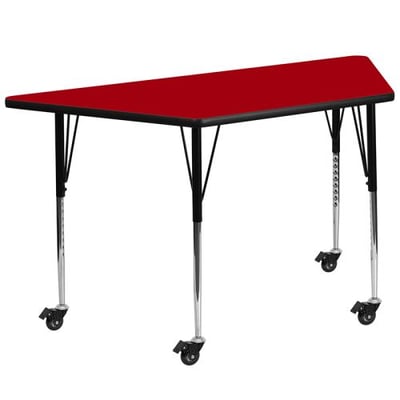 Mobile 29.5''W x 57.25''L Trapezoid Red Thermal Laminate Activity Table - Standard Height Adjustable Legs