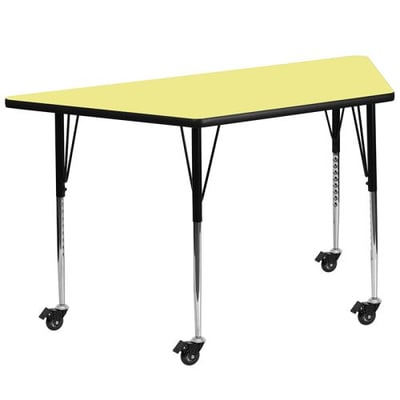Mobile 29.5''W x 57.25''L Trapezoid Yellow Thermal Laminate Activity Table - Standard Height Adjustable Legs