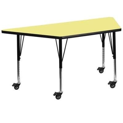 Mobile 29.5''W x 57.25''L Trapezoid Yellow Thermal Laminate Activity Table - Height Adjustable Short Legs