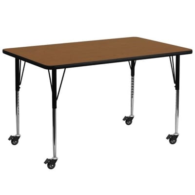 Mobile 30''W x 72''L Rectangular Oak HP Laminate Activity Table - Standard Height Adjustable Legs