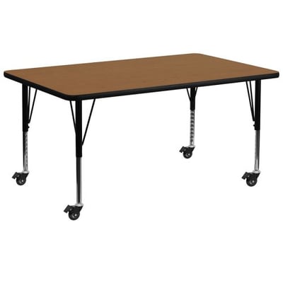 Mobile 30''W x 72''L Rectangular Oak Thermal Laminate Activity Table - Height Adjustable Short Legs