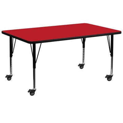 Mobile 30''W x 72''L Rectangular Red HP Laminate Activity Table - Height Adjustable Short Legs