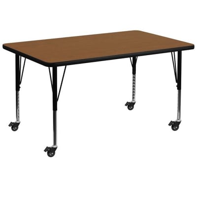 Mobile 36''W x 72''L Rectangular Oak HP Laminate Activity Table - Height Adjustable Short Legs