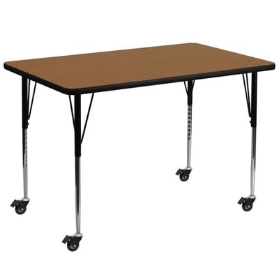 Mobile 36''W x 72''L Rectangular Oak Thermal Laminate Activity Table - Standard Height Adjustable Legs