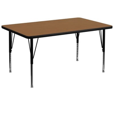 36''W x 72''L Rectangular Oak Thermal Laminate Activity Table - Height Adjustable Short Legs