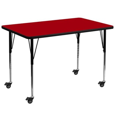 Mobile 36''W x 72''L Rectangular Red Thermal Laminate Activity Table - Standard Height Adjustable Legs