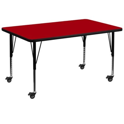 Mobile 36''W x 72''L Rectangular Red Thermal Laminate Activity Table - Height Adjustable Short Legs