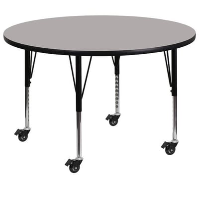 Mobile 42'' Round Grey HP Laminate Activity Table - Height Adjustable Short Legs