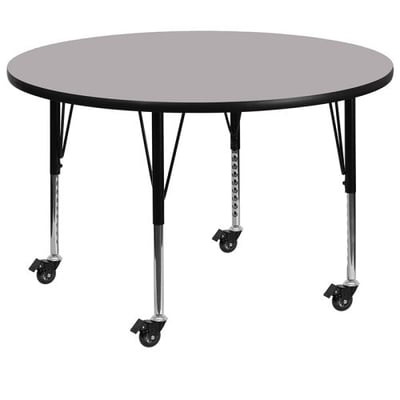 Mobile 42'' Round Grey Thermal Laminate Activity Table - Height Adjustable Short Legs