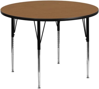 42'' Round Oak Thermal Laminate Activity Table - Standard Height Adjustable Legs
