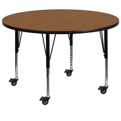 Mobile 42'' Round Oak Thermal Laminate Activity Table - Height Adjustable Short Legs