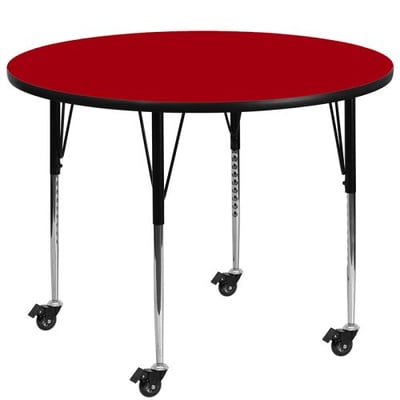 Mobile 42'' Round Red Thermal Laminate Activity Table - Standard Height Adjustable Legs