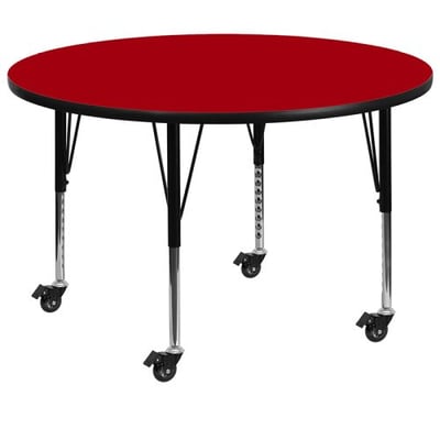 Mobile 42'' Round Red Thermal Laminate Activity Table - Height Adjustable Short Legs