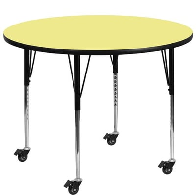 Mobile 42'' Round Yellow Thermal Laminate Activity Table - Standard Height Adjustable Legs