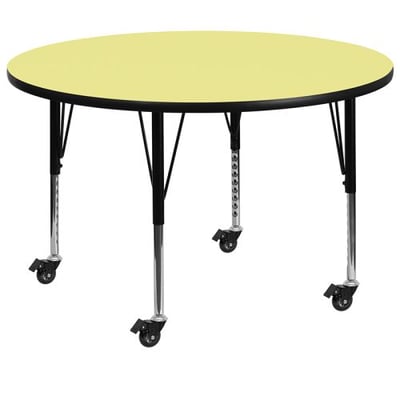 Mobile 42'' Round Yellow Thermal Laminate Activity Table - Height Adjustable Short Legs