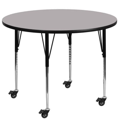 Mobile 48'' Round Grey Thermal Laminate Activity Table - Standard Height Adjustable Legs