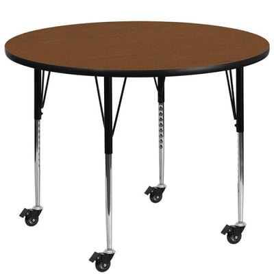 Mobile 48'' Round Oak HP Laminate Activity Table - Standard Height Adjustable Legs