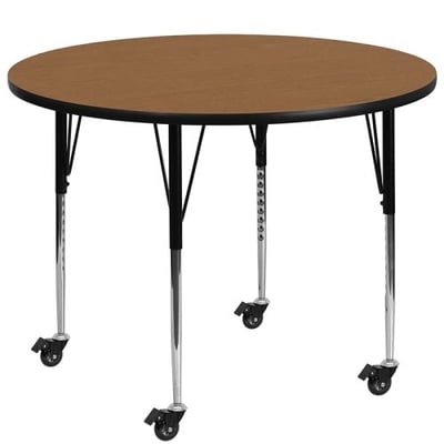 Mobile 48'' Round Oak Thermal Laminate Activity Table - Standard Height Adjustable Legs