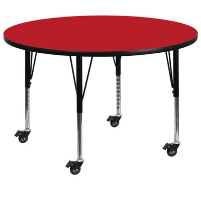 Mobile 48'' Round Red HP Laminate Activity Table - Height Adjustable Short Legs