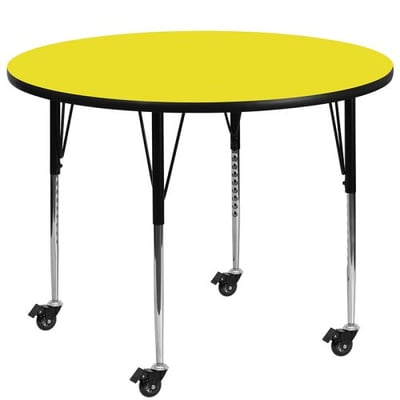 Mobile 48'' Round Yellow HP Laminate Activity Table - Standard Height Adjustable Legs