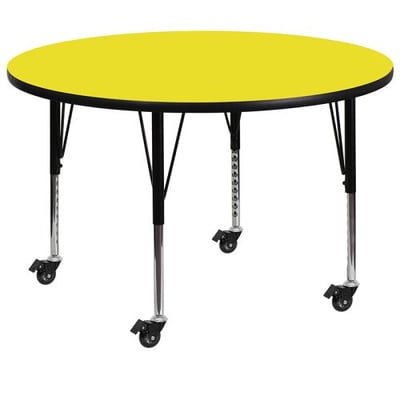 Mobile 48'' Round Yellow HP Laminate Activity Table - Height Adjustable Short Legs