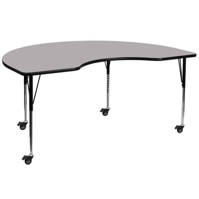 Mobile 48''W x 72''L Kidney Grey Thermal Laminate Activity Table - Standard Height Adjustable Legs