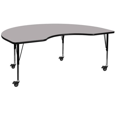 Mobile 48''W x 72''L Kidney Grey Thermal Laminate Activity Table - Height Adjustable Short Legs