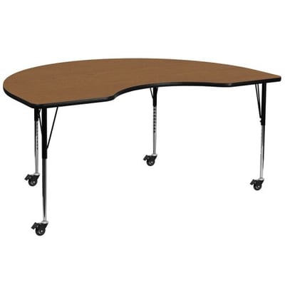 Mobile 48''W x 72''L Kidney Oak Thermal Laminate Activity Table - Standard Height Adjustable Legs