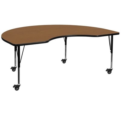 Mobile 48''W x 72''L Kidney Oak Thermal Laminate Activity Table - Height Adjustable Short Legs