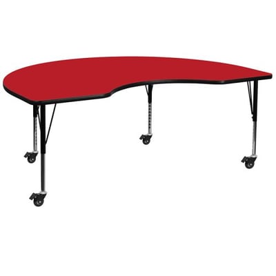 Mobile 48''W x 72''L Kidney Red HP Laminate Activity Table - Height Adjustable Short Legs