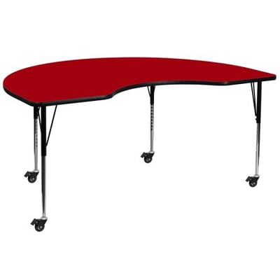 Mobile 48''W x 72''L Kidney Red Thermal Laminate Activity Table - Standard Height Adjustable Legs