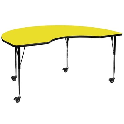 Mobile 48''W x 72''L Kidney Yellow HP Laminate Activity Table - Standard Height Adjustable Legs