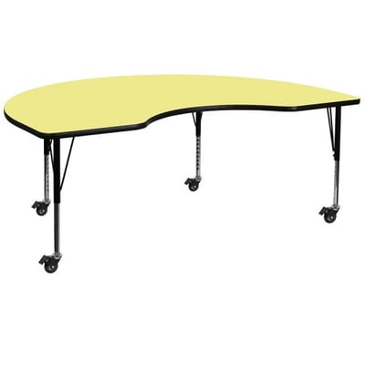 Mobile 48''W x 72''L Kidney Yellow Thermal Laminate Activity Table - Height Adjustable Short Legs