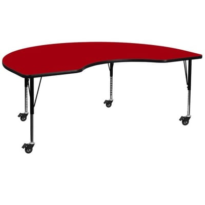 Mobile 48''W x 96''L Kidney Red Thermal Laminate Activity Table - Height Adjustable Short Legs