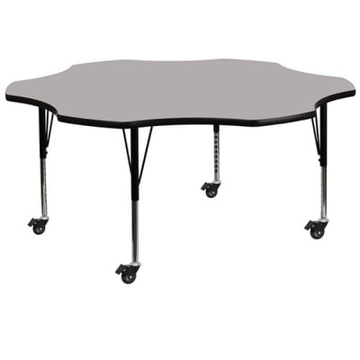 Mobile 60'' Flower Grey Thermal Laminate Activity Table - Height Adjustable Short Legs