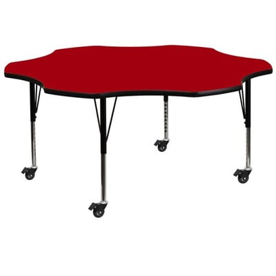 Mobile 60'' Flower Red Thermal Laminate Activity Table - Height Adjustable Short Legs