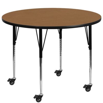 Mobile 60'' Round Oak Thermal Laminate Activity Table - Standard Height Adjustable Legs