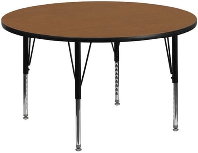 60'' Round Oak Thermal Laminate Activity Table - Height Adjustable Short Legs