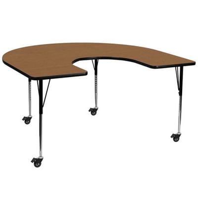 Mobile 60''W x 66''L Horseshoe Oak Thermal Laminate Activity Table - Standard Height Adjustable Legs