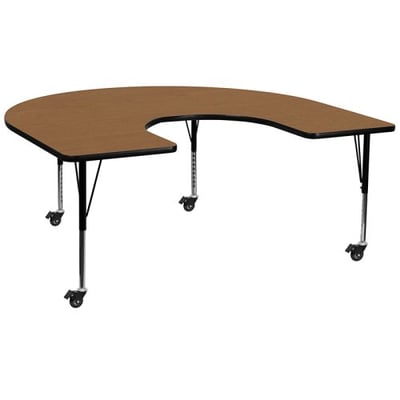 Mobile 60''W x 66''L Horseshoe Oak Thermal Laminate Activity Table - Height Adjustable Short Legs