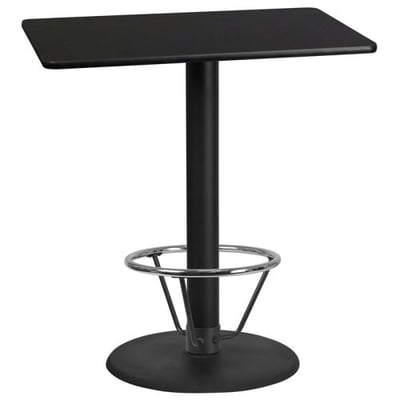 30'' x 42'' Rectangular Black Laminate Table Top with 24'' Round Bar Height Table Base and Foot Ring
