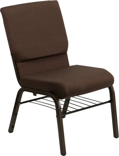HERCULES Series 18.5''W Church Chair in Brown Fabric with Book Rack - Gold Vein Frame